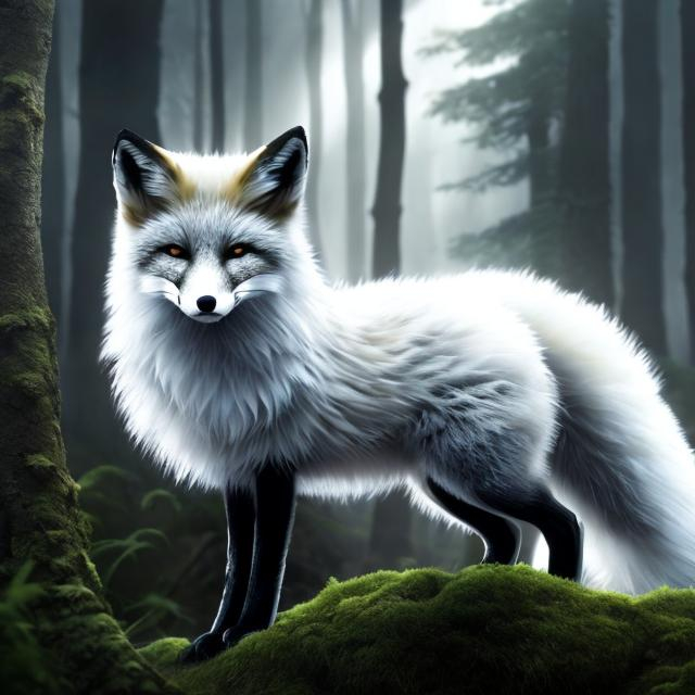 Prompt: Black and white fox, 8k, hyperrealistic, majestic, forest, fluffy, beautiful