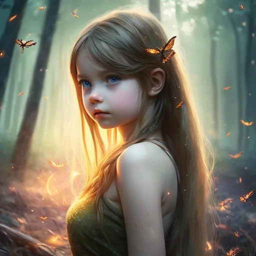 Prompt: nature girl, 8k , realistic, beautiful, Forest, fireflies