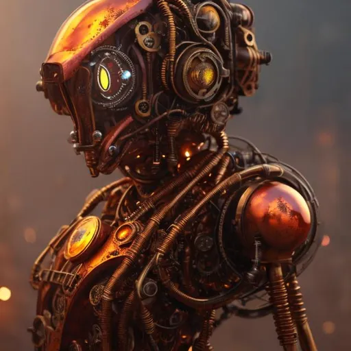 Prompt: steampunk robot, Red and Amber, Glowing, Realistic, 4k , Metal