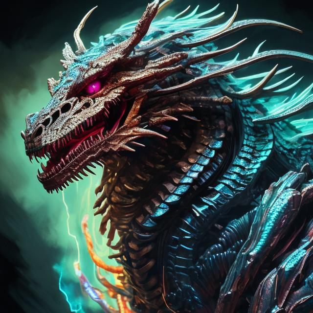 Prompt: Portrait of a roaring neon skeleton dragon with iridescent black markings and a cute face, perfect composition, hyperrealistic, super detailed, 8k, high quality, trending art, trending on artstation, sharp focus, studio photo, intricate details, highly detailed, by greg rutkowski, illustration, watercolor
anime

l 