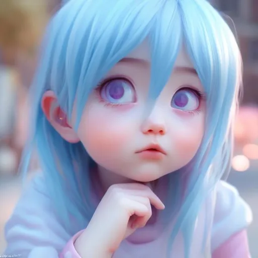 Prompt: Anime girl, pink cheeks, 8k, hyperrealisic, soft, cute,light blue hair