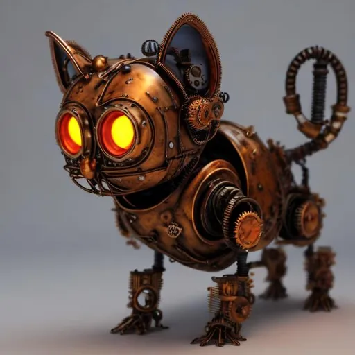 Prompt: steampunk robot cat, Red and Amber, Glowing, Realistic, 4k , Metal, fluffy, warrior, blue