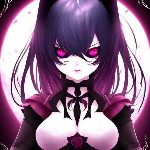 Prompt: Evil anime vampiress, soft cheeks, pink cheeks, lavender eyes, tall, beautiful, dark, blood , 