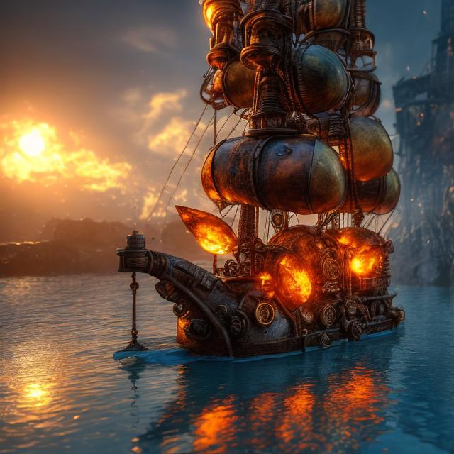 Prompt: Ship in a bottle, 4k , magic, Water, realistic, blue, sunny, steampunk, fire, amber.