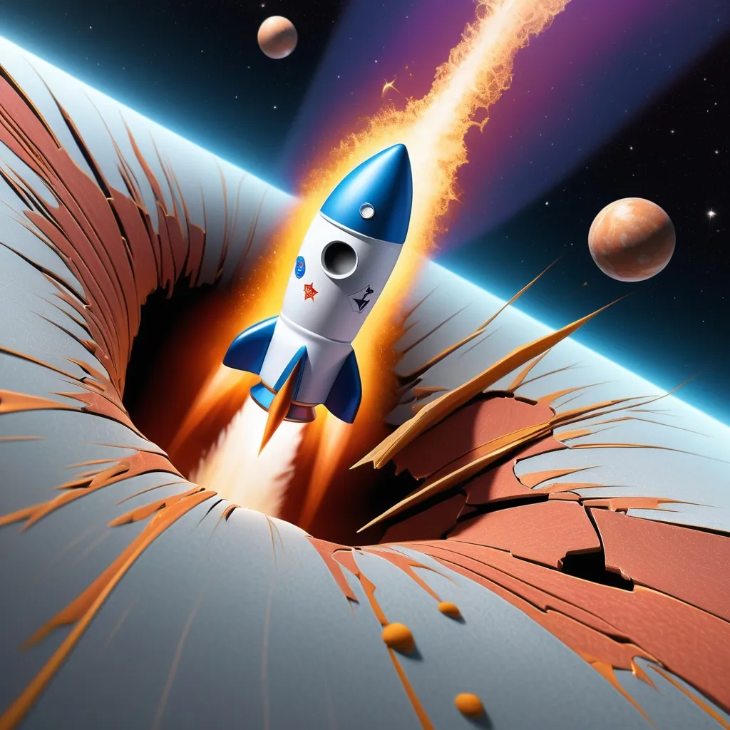 Prompt: a small rocket tearing through the fabric of spacetime causing cracks within the cosmos, just entering the crack
