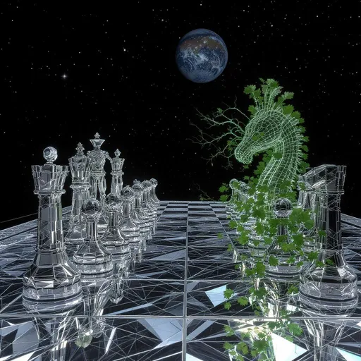 Prompt: a chessboard in space made of diamond and the pieces are one part humans with mechanical technology and the other part with biological technology