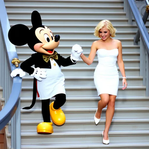 Prompt: Mickey Mouse leads a young Madonna by the hand up the stairs in True Blue style from 1986. Madonna has short, platinum blonde hair, is wearing a tight white dress with a knee-length skirt, and is wearing white pumps in high heels.