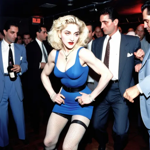 Prompt: Madonna 1986 True Blue style dances at a party of Italian mobsters inside a Brooklyn nightclub. Madonna has short platinum blonde hair. She is wearing a tight dress and stockings and fishnet.