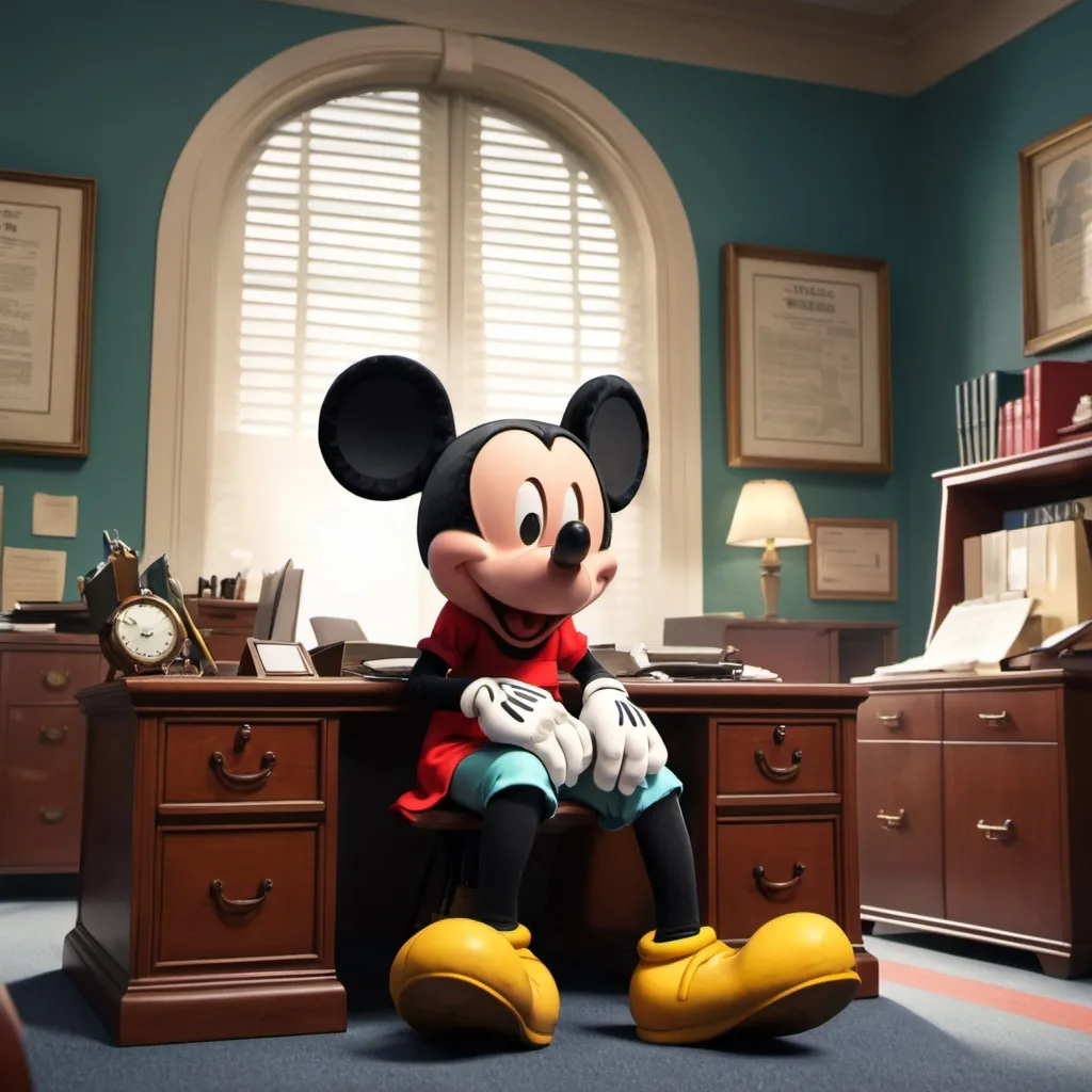 Prompt: The girl is in Mickey's office. Mickey is in front of her sitting at his desk