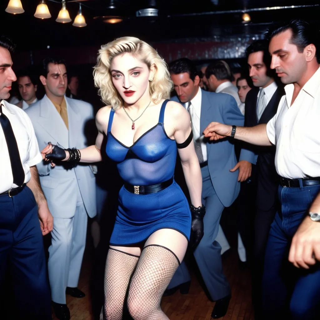 Prompt: Madonna 1986 True Blue style dances at a party of Italian mobsters inside a Brooklyn nightclub. Madonna has short platinum blonde hair. She is wearing a tight dress and stockings and fishnet.