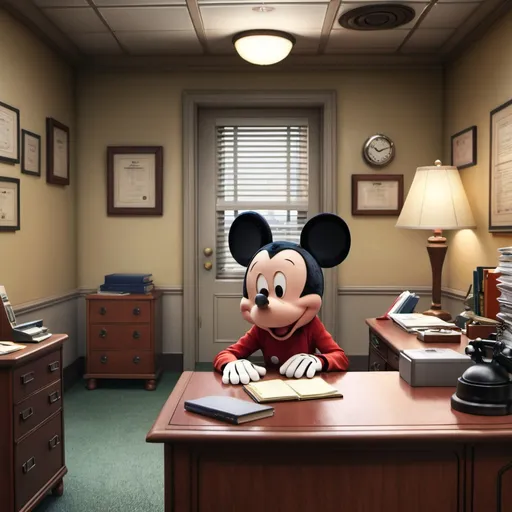 Prompt: The girl is in Mickey's office. Mickey is in front of her sitting at his desk