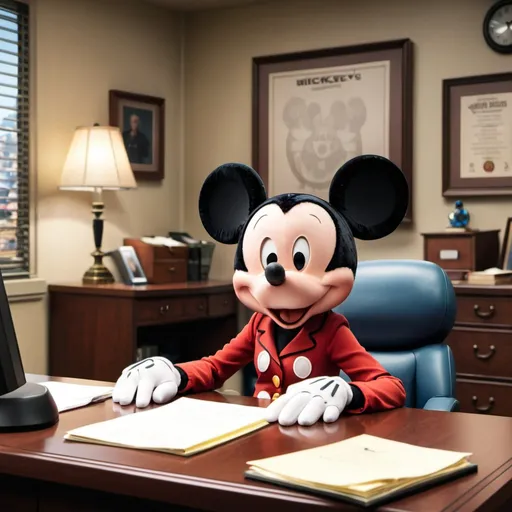 Prompt: The girl is in Mickey's office. Mickey is in front of her sitting at his desk