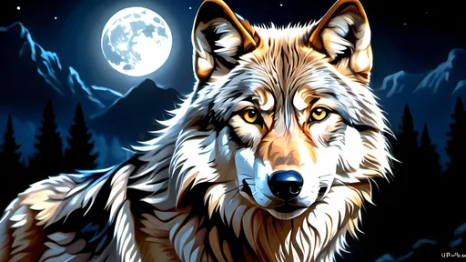 Prompt: Image of wolf. Epic picture, close up of wolf face, realistic fur. Nigtime. Moon in background.
 {{highest quality concept art masterpiece in the style of Kayawoo }}}, night setting,  digital drawing oil painting, 128k UHD HDR, hyperrealistic intricate, graphic comic (HDR, UHD, 64k, best quality, RAW photograph, best quality, masterpiece:1.5,Ultra realistic high definition .  {{{{highest quality concept art masterpiece}}}} digital drawing oil painting, 128k UHD HDR, hyperrealistic intricate. Unreal engine 5