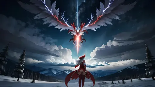 Prompt: Arceus Pokémon in full flight , human standing in front, night time, thunder storm , stunning, epic pose,full form, dark grey lugia pokemon, human in front wearing red.
 {{{{highest quality concept art masterpiece in the style of Kayawoo }}}, night setting,  digital drawing oil painting, 128k UHD HDR, Holographic background, hyperrealistic intricate, graphic comic (HDR, UHD, 64k, best quality, RAW photograph, best quality, masterpiece:1.5,Ultra realistic high definition .  {{{{highest quality concept art masterpiece}}}} digital drawing oil painting, 128k UHD HDR, hyperrealistic intricate. Unreal engine 5