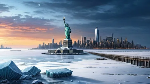 Prompt: Frozen wasteland, destroyed city, seen from out of sea looking inland, Statue of Liberty frozen. 
 {{highest quality concept art masterpiece in the style of Kayawoo }}}, night setting,  digital drawing oil painting, 128k UHD HDR, hyperrealistic intricate, graphic comic (HDR, UHD, 64k, best quality, RAW photograph, best quality, masterpiece:1.5,Ultra realistic high definition .  {{{{highest quality concept art masterpiece}}}} digital drawing oil painting, 128k UHD HDR, hyperrealistic intricate. Unreal engine 5