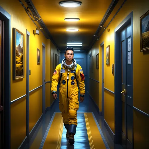 Prompt: Amung us crewmate yellow in hallway outside med bay
 
 {{{{highest quality concept art masterpiece in the style of Kayawoo }}}, night setting,  digital drawing oil painting, 128k UHD HDR, Holographic background, hyperrealistic intricate, graphic comic (HDR, UHD, 64k, best quality, RAW photograph, best quality, masterpiece:1.5,Ultra realistic high definition .  {{{{highest quality concept art masterpiece}}}} digital drawing oil painting, 128k UHD HDR, hyperrealistic intricate. Unreal engine 5