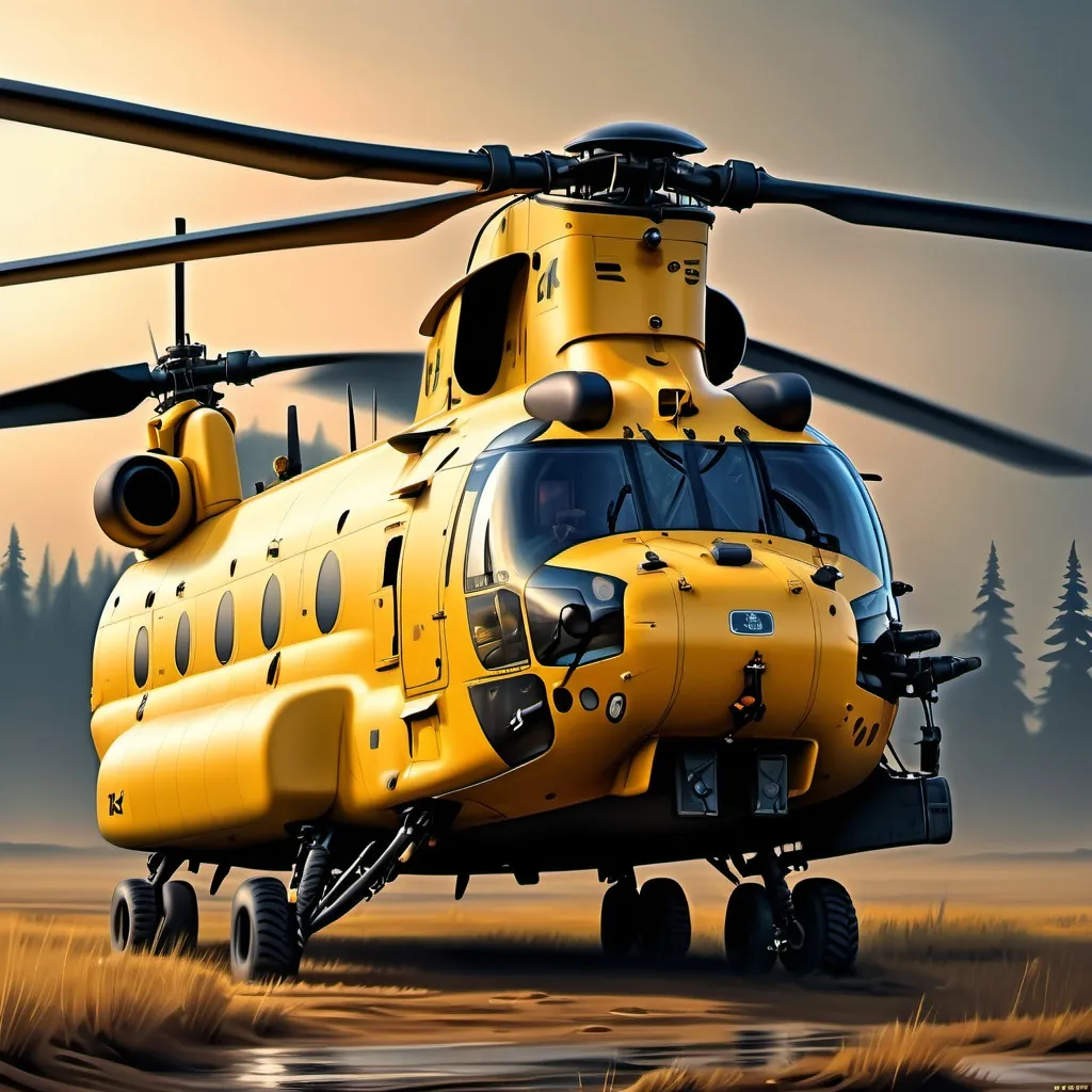 Prompt: Close up view of the back end of a yellow chinook helicopter with mud flaps

 {{highest quality concept art masterpiece in the style of Kayawoo }}}, night setting,  digital drawing oil painting, 128k UHD HDR, hyperrealistic intricate, graphic comic (HDR, UHD, 64k, best quality, RAW photograph, best quality, masterpiece:1.5,Ultra realistic high definition .  {{{{highest quality concept art masterpiece}}}} digital drawing oil painting, 128k UHD HDR, hyperrealistic intricate. Unreal engine 5