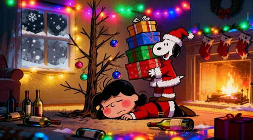 Prompt: Charlie browns Christmas tree. With snoopy dressed as Santa bringing in presents. And Lucy drunk and passed out under the tree. Several empty wine bottle lie beside her. Lucy is the girl with black hair.