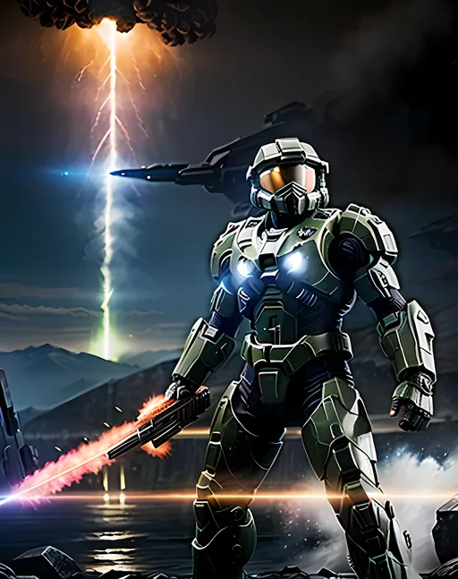 Prompt: Master chief in epic battle against a covenant elite. Night time . Epic explosions in background. Plasma blasts all around . Master chief with energy sword
 {{highest quality concept art masterpiece in the style of Kayawoo }}}, night setting,  digital drawing oil painting, 128k UHD HDR, hyperrealistic intricate, graphic comic (HDR, UHD, 64k, best quality, RAW photograph, best quality, masterpiece:1.5,Ultra realistic high definition .  {{{{highest quality concept art masterpiece}}}} digital drawing oil painting, 128k UHD HDR, hyperrealistic intricate. Unreal engine 5