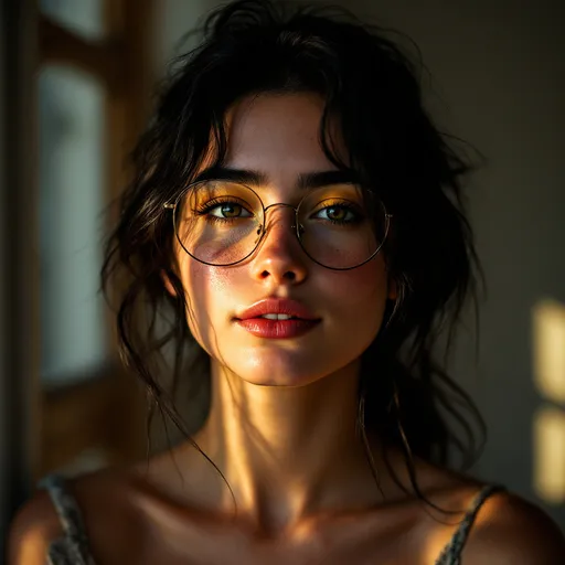 Prompt: (Medium low-angle portrait photography:1.2), (Introspective young woman with black hair and glasses:1.3), Rule of thirds composition, (Freckled skin:1.2), (Porcelain complexion:1.2), (Hint of yellow eyeshadow:1.2), (Contemplative gaze, enigmatic allure:1.3), soft and warm lighting, cinematic depth, shallow depth of field (bokeh), (captivating presence:1.2), graceful poise, quiet confidence, Pentax 67II medium format film camera, SMC Pentax 105mm f/2.4 lens, realistic skin texture, high dynamic range, (soft but detailed rendering:1.2), delicate highlights, natural imperfections, artistic photography, cinematic portraiture