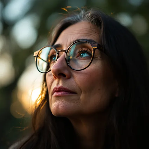Prompt: (Medium low-angle portrait photography:1.2), (Introspective old woman with black hair and glasses:1.3), Rule of thirds composition, (Freckled skin:1.2), (Porcelain complexion:1.2), (Hint of yellow eyeshadow:1.2), (Contemplative gaze, enigmatic allure:1.3), soft and warm lighting, cinematic depth, shallow depth of field (bokeh), (captivating presence:1.2), graceful poise, quiet confidence, Pentax 67II medium format film camera, SMC Pentax 105mm f/2.4 lens, realistic skin texture, high dynamic range, (soft but detailed rendering:1.2), delicate highlights, natural imperfections, artistic photography, cinematic portraiture