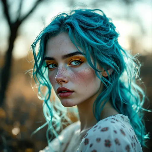 Prompt: (Medium low-angle portrait photography:1.2), (Introspective young woman with cyan hair:1.3), Rule of thirds composition, (Freckled skin:1.2), (Porcelain complexion:1.2), (Hint of yellow eyeshadow:1.2), (Contemplative gaze, enigmatic allure:1.3), soft and warm lighting, cinematic depth, shallow depth of field (bokeh), (captivating presence:1.2), graceful poise, quiet confidence, Pentax 67II medium format film camera, SMC Pentax 105mm f/2.4 lens, realistic skin texture, high dynamic range, (soft but detailed rendering:1.2), delicate highlights, natural imperfections, artistic photography, cinematic portraiture