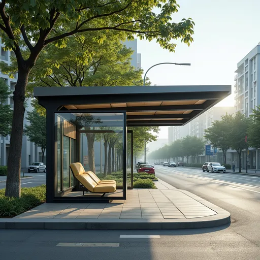 Prompt: Modern bus stop to the street 
