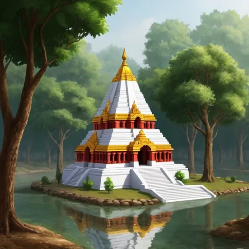 Prompt: We have made a temple of Mata.  Make a beautiful 3e picture of a temple just near a river and surrounded with awesome trees