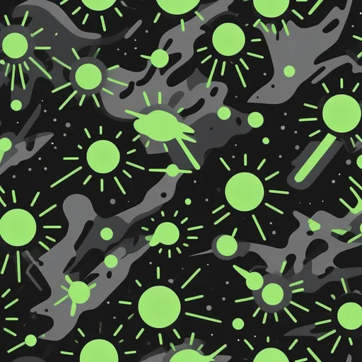 Prompt: Create a futuristic camouflage pattern inspired by alien creatures and outer space. The design should feature organic shapes resembling hybrid alien forms, with glowing green neon highlights integrated throughout. Include subtle references to planets, lightning bolts, and stars within the camouflage. The pattern should be dynamic, abstract, and have a modern streetwear aesthetic. The overall color palette: black, dark gray, and vibrant neon green