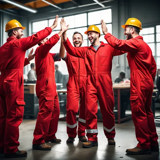 Prompt: A (team of men) in vibrant (red coveralls) giving a joyous high-five, capturing a moment of camaraderie and teamwork, cheerful expressions, warm lighting enhancing the playful atmosphere, dynamic background filled with industrial elements, high quality, ultra-detailed, professionally composed, emphasizing teamwork and happiness.