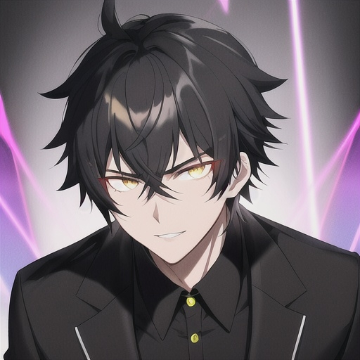 Prompt: short scruffy black hair, anime boy, smart boy, black suit, dull yellow eyes, face close-up, black aura around him, background glowing black, 19 years old, serious expression, mysterious ominous smile, slight red aura, ultra high quality, movie cinematic graphic, 8k