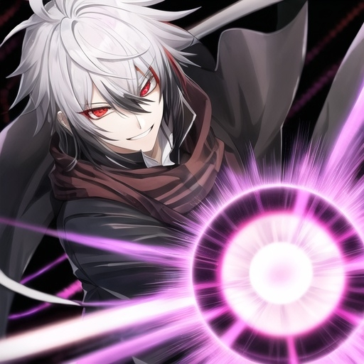 Prompt: insane, mature anime boy, black with white highlights in hair, one red eye, one white eye, purple scarf, evil smile, red and black emo outfit, trippy background, zoomed out purple glowing magic circle