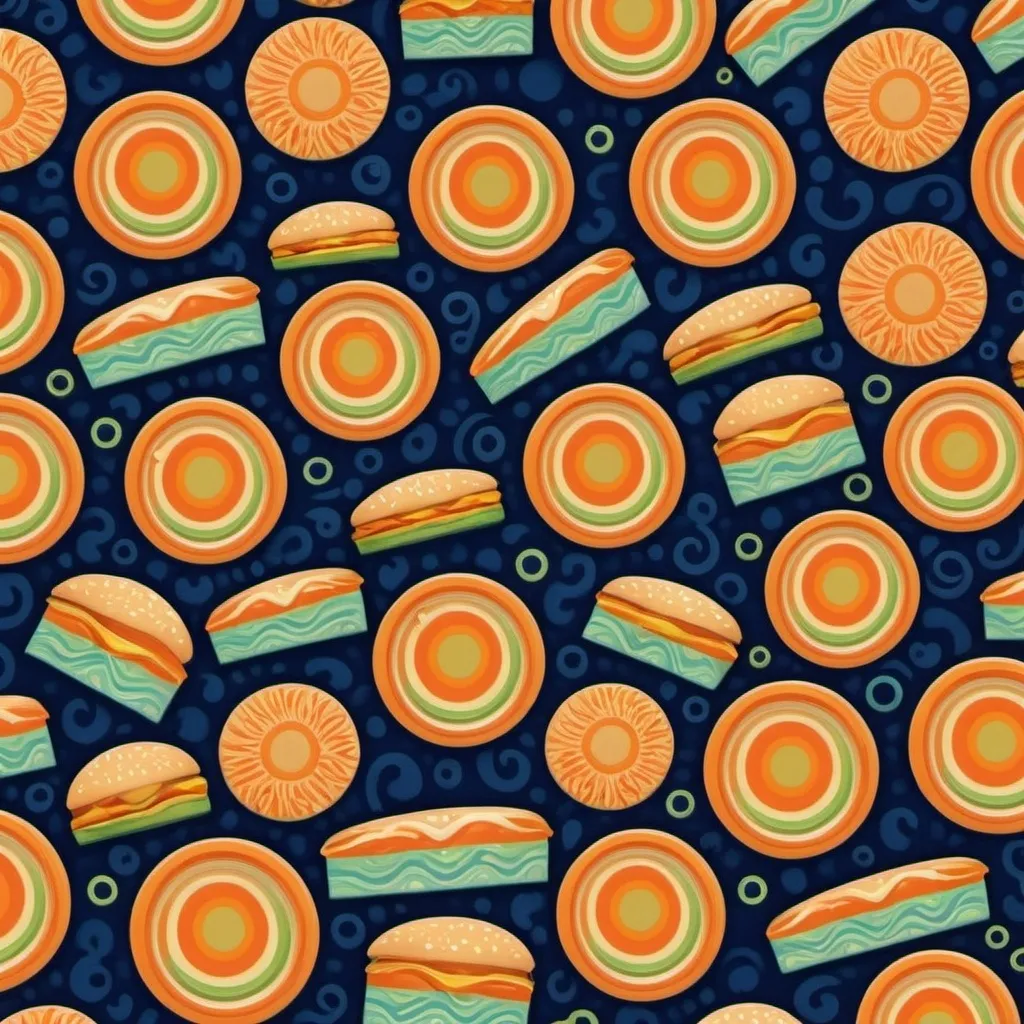 Prompt: Fantasy pattern with orange, green, navy and cream colors suitable for fast food packaging