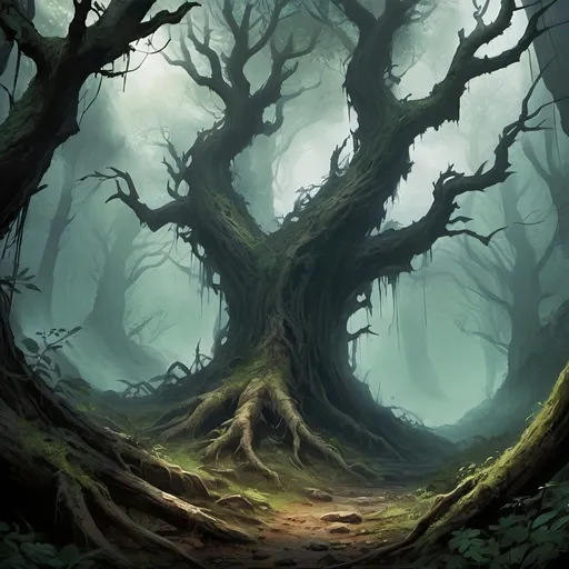 Prompt: Lurkwood Forest is a dark, eerie expanse of towering, twisted trees with thick, gnarled roots that claw at the forest floor. The canopy is dense, allowing only slivers of pale light to get through, casting long, ominous shadows. Mist clings to the underbrush, swirling around ancient stones and decaying logs, creating an atmosphere of mystery and dread. The air is thick with the scent of damp earth and rotting leaves, while distant, unsettling noises echo through the trees—rustling leaves, snapping twigs, and the occasional howl of an unseen creature. The forest is an unsettling blend of beauty and danger, with every shadow and sound hinting at lurking threats. Mist clings ground. Guild Wars 2. Foliage, brambles. difficult terrain.