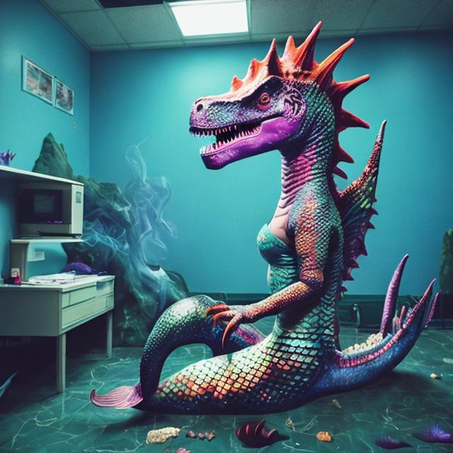 Prompt: dinosaur-mermaid-knight creature, smoking crack in a cheap motel, very depressed, contemplating existence, existential crisis