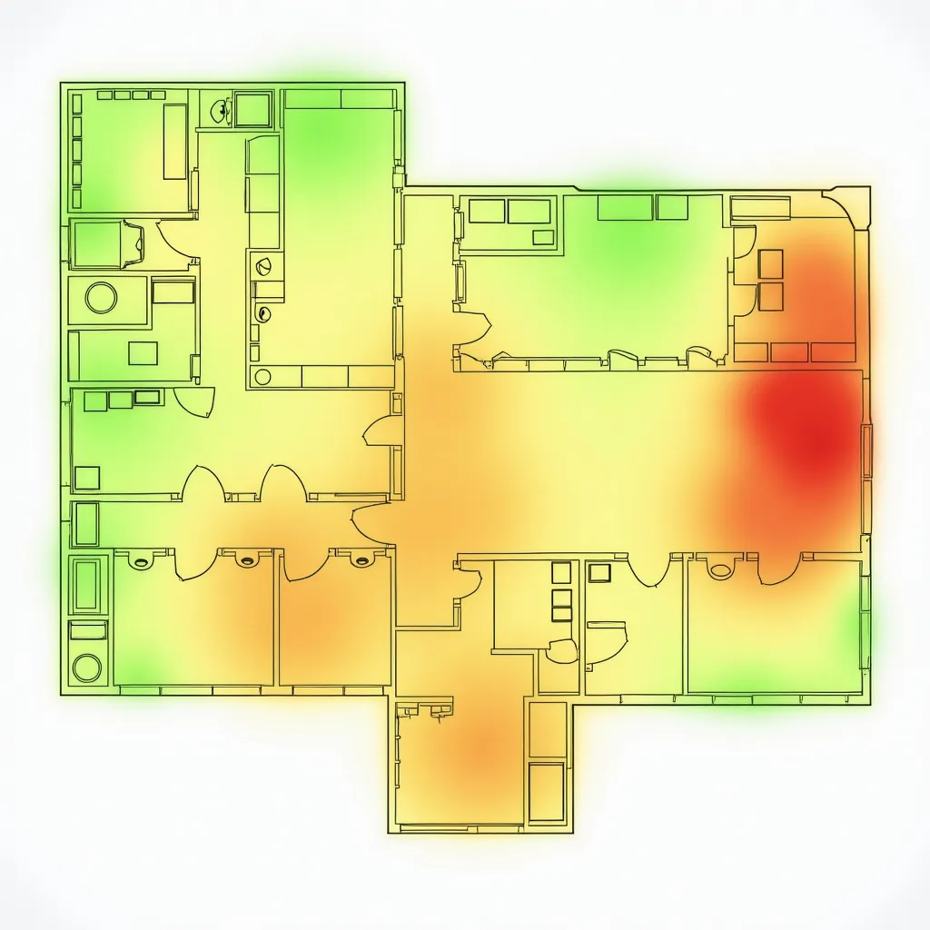 Prompt: Generate organic heatmap of a floor plan, likely representing occupancy, network coverage, or similar metrics across different rooms and areas in a building. The floor plan includes several rooms with varying degrees of color intensity, where:

    Green areas might indicate low activity, low usage, or strong coverage, depending on the map's purpose.
    Yellow and orange areas seem to indicate moderate levels of activity or weaker coverage.
    Red or darker orange areas could represent high activity, congestion, or the weakest coverage.

The rooms are separated by walls, with corridors or common spaces connecting them. The heatmap is distributed unevenly, which could reflect how resources (such as seating, occupancy, or wireless signals) are being used or distributed throughout the building.

This type of image is commonly used for facilities management, network planning, or occupancy studies.

DISTINCT ZONES - MEETING ROOMS AND WORK PLACES.