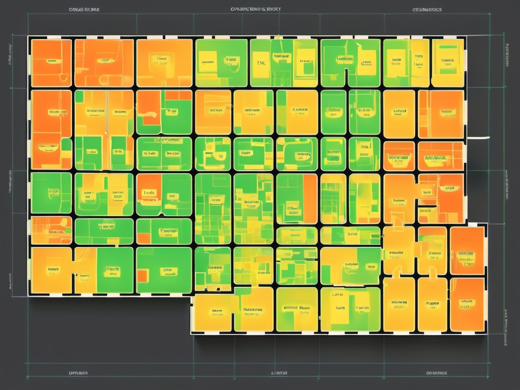 Prompt: Generate organic heatmap of a floor plan, likely representing occupancy, network coverage, or similar metrics across different rooms and areas in a building. The floor plan includes several rooms with varying degrees of color intensity, where:

    Green areas might indicate low activity, low usage, or strong coverage, depending on the map's purpose.
    Yellow and orange areas seem to indicate moderate levels of activity or weaker coverage.
    Red or darker orange areas could represent high activity, congestion, or the weakest coverage.

The rooms are separated by walls, with corridors or common spaces connecting them. The heatmap is distributed unevenly, which could reflect how resources (such as seating, occupancy, or wireless signals) are being used or distributed throughout the building.

This type of image is commonly used for facilities management, network planning, or occupancy studies.

DISTINCT ZONES - MEETING ROOMS AND WORK PLACES.