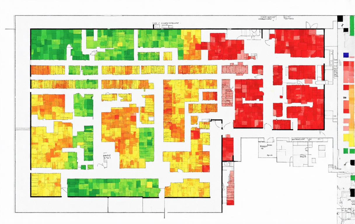 Prompt: Generate organic heatmap of a large floor plan, likely representing occupancy, network coverage, or similar metrics across different rooms and areas in a building. The floor plan includes several rooms with varying degrees of color intensity, where:

    Green areas might indicate low activity, low usage, or strong coverage, depending on the map's purpose.
    Yellow and orange areas seem to indicate moderate levels of activity or weaker coverage.
    Red or darker orange areas could represent high activity, congestion, or the weakest coverage.

The rooms are separated by walls, with corridors or common spaces connecting them. The heatmap is distributed unevenly, which could reflect how resources (such as seating, occupancy, or wireless signals) are being used or distributed throughout the building.

This type of image is commonly used for facilities management, network planning, or occupancy studies.

DISTINCT ZONES - MEETING ROOMS AND WORK PLACES. VERY VERY DETAILED.