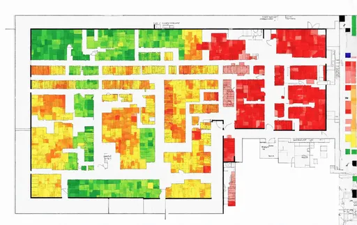 Prompt: Generate organic heatmap of a large floor plan, likely representing occupancy, network coverage, or similar metrics across different rooms and areas in a building. The floor plan includes several rooms with varying degrees of color intensity, where:

    Green areas might indicate low activity, low usage, or strong coverage, depending on the map's purpose.
    Yellow and orange areas seem to indicate moderate levels of activity or weaker coverage.
    Red or darker orange areas could represent high activity, congestion, or the weakest coverage.

The rooms are separated by walls, with corridors or common spaces connecting them. The heatmap is distributed unevenly, which could reflect how resources (such as seating, occupancy, or wireless signals) are being used or distributed throughout the building.

This type of image is commonly used for facilities management, network planning, or occupancy studies.

DISTINCT ZONES - MEETING ROOMS AND WORK PLACES. VERY VERY DETAILED.