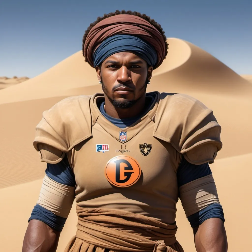 Prompt: (fantasy football logo) NFL player Caleb Williams as (Lisan al Gaib) from Dune, dynamic design, bold color scheme, striking contrast, modern aesthetic, heroic stance, intricate details reflecting the Dune universe, powerful atmosphere, high-definition clarity, captivating emblem, incorporating football elements, dramatic background inspired by desert landscapes, showcasing sand and surrealism.