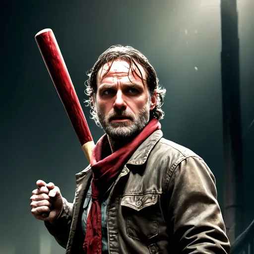 Prompt: Rick Grimes with a jacket coat and baseball bat, red neckerchief, high-quality, detailed, digital art, action-packed, intense lighting, dark tones, detailed facial features, dynamic pose, stylish design, atmospheric, urban setting, detailed clothing, fantasy, cool tones, professional rendering