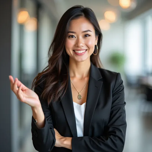 Prompt: A confident and dashing woman business consultant, attractive and approachable, smart professional attire with a stylish blazer and subtle jewelry, sleek hairstyle, warm engaging smile, expressive eyes, poised open posture with welcoming hand gesture, exuding charisma and authority, clean modern office background, soft natural lighting, business casual style, ultra-detailed, 4K quality, waist-up portrait.
