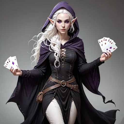 Prompt: a female elf with long wavy white hair and white skin a black dress with hood on her head. Purple eyes, a round attractive face. She stands tall with an average build She's shuffling a deck of cards and holding a bag. Charlie Bowater, fantasy art, character art, concept art, character reference sheet