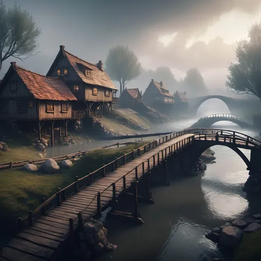 Prompt: small settlement, foggy, bridge and river, dramatic fantasy settlement scene, cinematic lighting