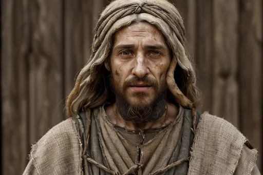 Prompt: Create an image of a Hebrew man in his mid-30s, living during the biblical times of Jesus. The man should have a weathered appearance, showing signs of having endured harsh environmental conditions. His clothing should reflect the attire of that era, and his expression should convey much wisdom, kindness and resilience.