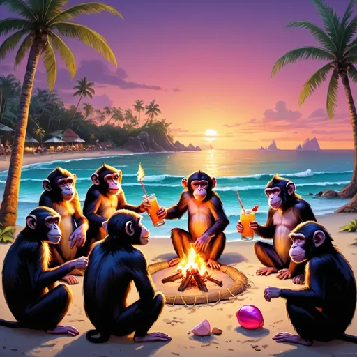 Prompt: A lively scene of a monkey gang having an outdoor party at a beach during the evening. The sky is painted with vibrant hues of orange, pink, and purple as the sun sets over the horizon. Palm trees and tropical plants surround the beach, adding to the festive atmosphere.

In the center, a group of monkeys of various species are dancing energetically on the sandy shore, some with drinks in their hands, creating a joyful and animated environment. There are colorful tiki torches and fairy lights illuminating the scene, casting a warm glow on the partygoers.

Some monkeys are playing musical instruments like drums and guitars, while others are laughing and chatting. There are tables with tropical drinks and snacks, and a bonfire providing additional light and warmth. The ocean waves gently lap at the shore in the background, completing the idyllic and lively evening beach party setting.

Additional Details for Clarity:
Monkeys: Various species (capuchins, macaques, chimpanzees) in party attire like Hawaiian shirts, sunglasses, and hats.
Drinks: Coconut shells, tropical cocktails with tiny umbrellas, and bottles.
Dancing: Monkeys in dynamic poses, showing excitement and joy.
Lighting: Soft, warm evening light with highlights from tiki torches and fairy lights.
Background: Ocean waves, sunset colors in the sky, and beach elements like sand and seashells.
Party Decorations: Banners, balloons, and party tables with snacks like fruits and nuts.
