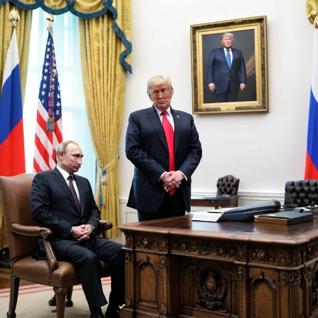 Prompt: Doonald Trump standing by Putin sitting at the U.S. Prersident's desk