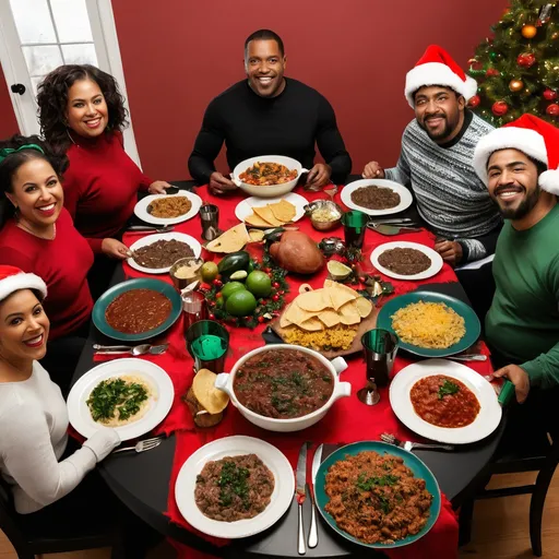 Prompt: Black and  Mexican  family Chriatmas meal