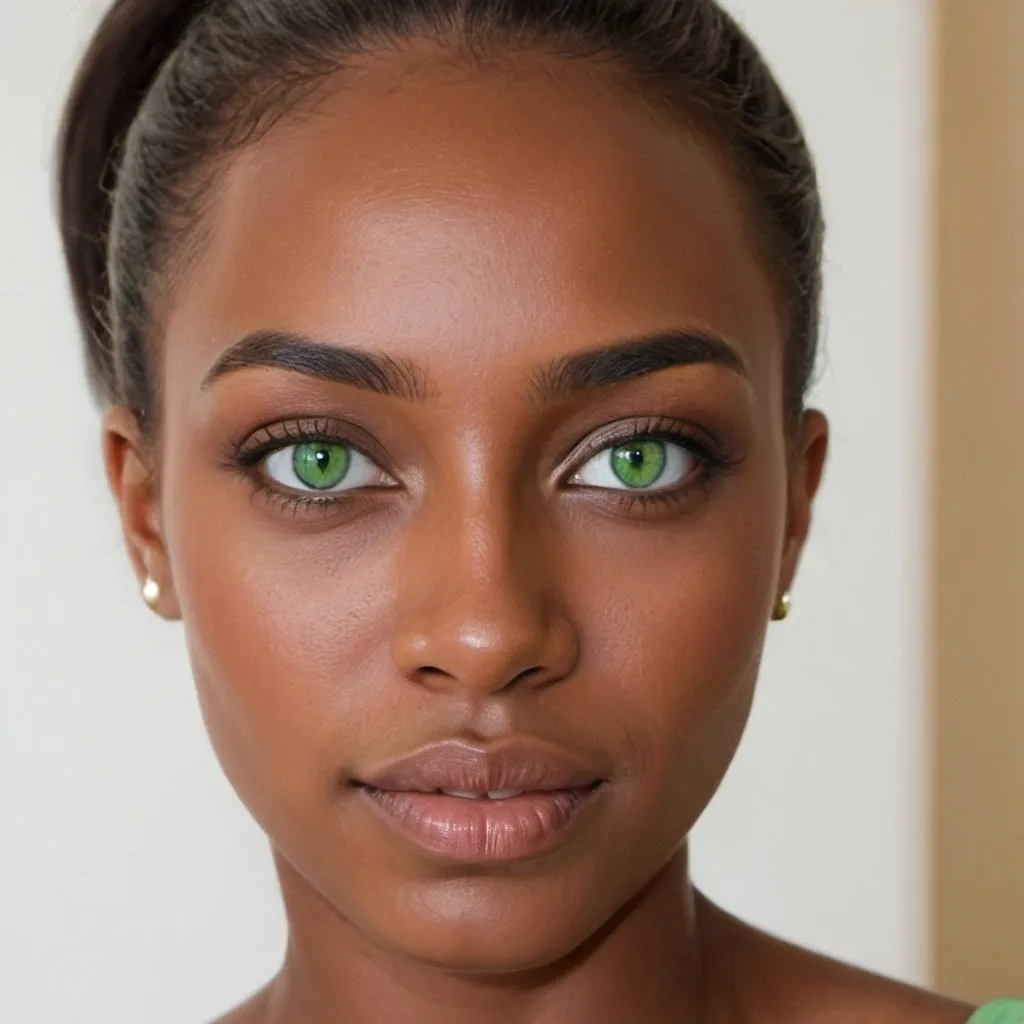 Prompt: lady with brown skin, green eyes