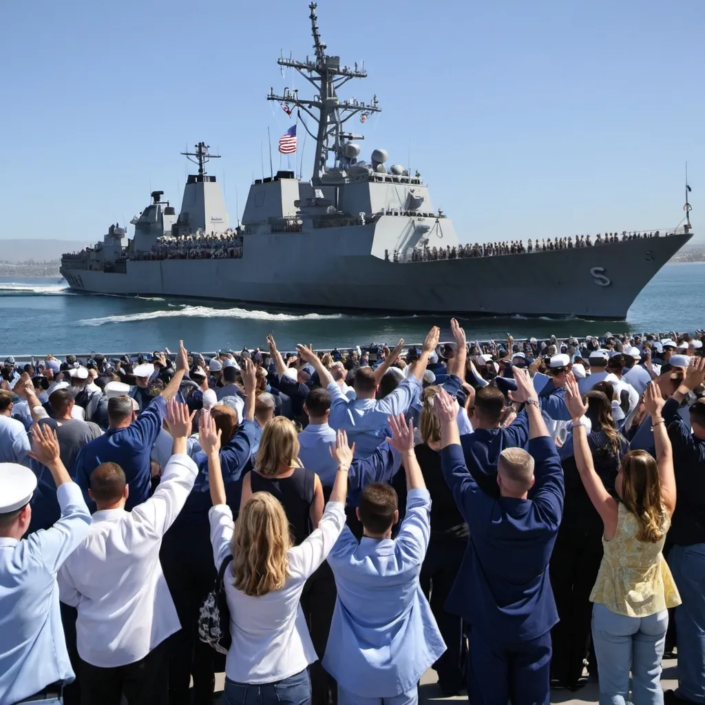 Prompt: us navy ship leaving san diego for 6 month deployment men and women standing at the rails  family wave goodbye
